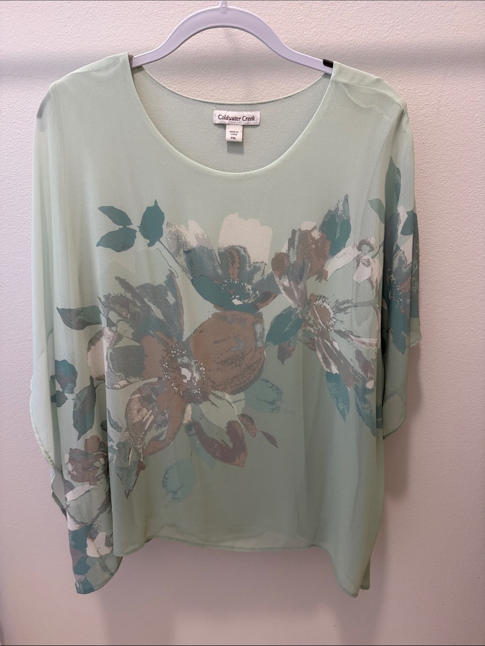 Coldwater Creek Mint Green Floral Chiffon Blouse PXL
